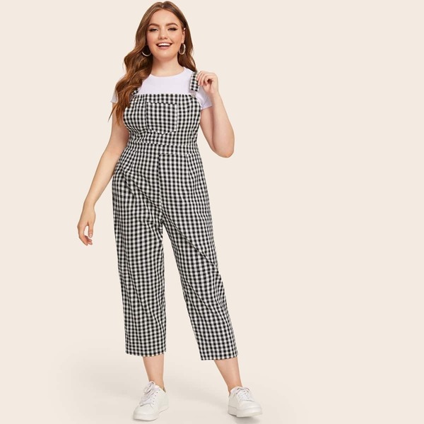 

Plus Gingham Print Straps Jumpsuit, Black and white