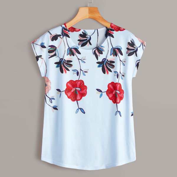 

Plus Floral Print Cap Sleeve Blouse, Blue