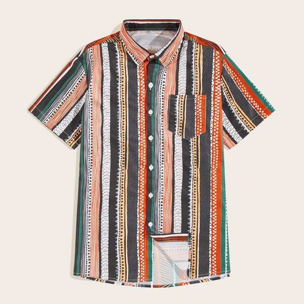 

Men Tribal Print Curved Hem Shirt