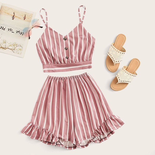

Striped Cami Top With Ruffle Hem Shorts