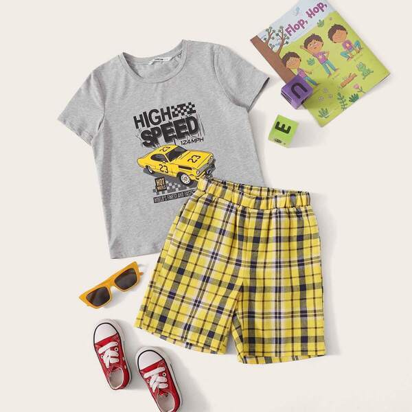 

Boys Cartoon Print Top and Plaid Shorts Set