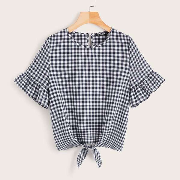 

Ruffle Cuff Tie Hem Plaid Top, Navy blue