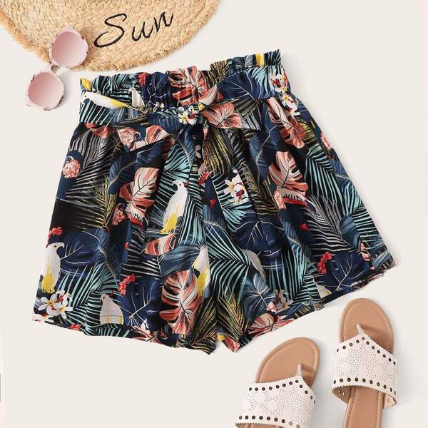 

Mixed Print Paperbag Waist Self Belt Shorts