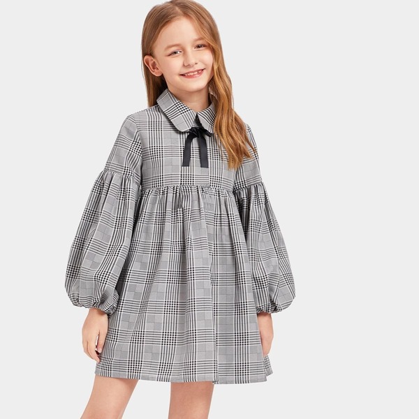 

Girls Plaid Lantern Sleeve Tie Neck Babydoll Dress