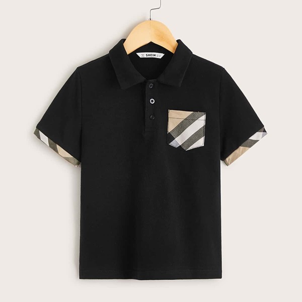 

Boys Plaid Cuff and Pocket Patched Polo Shirt, Black