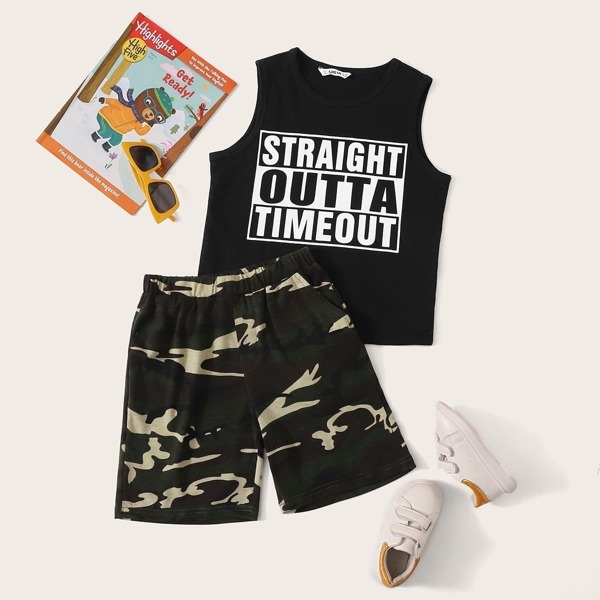 

Boys Slogan Print Tank Top & Camo Shorts Set