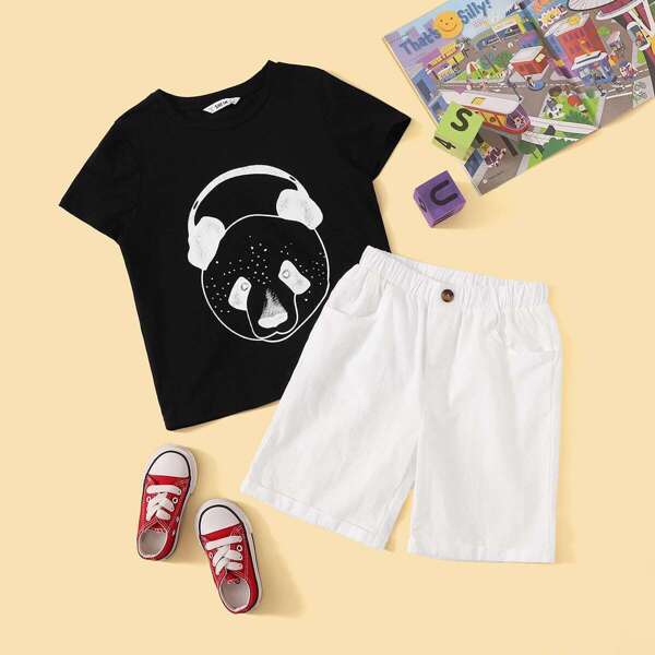 

Boys Cartoon Print Tee and Rolled Hem Shorts Set, Black and white