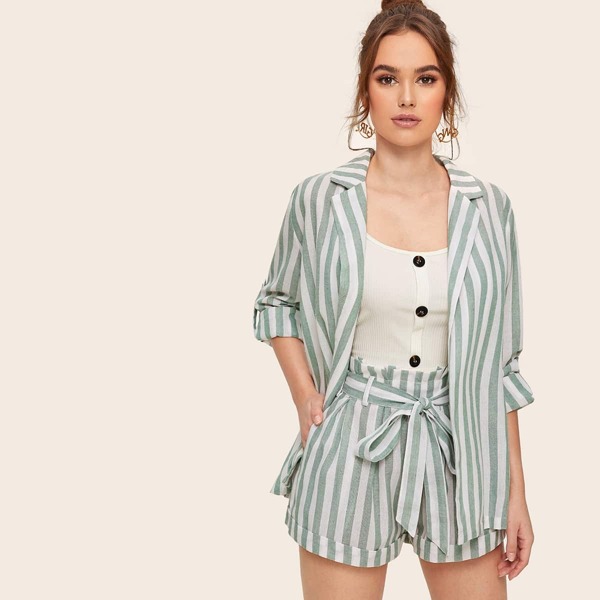 

Notched Collar Cuff Sleeve Vertical-stripe Blazer, Green pastel