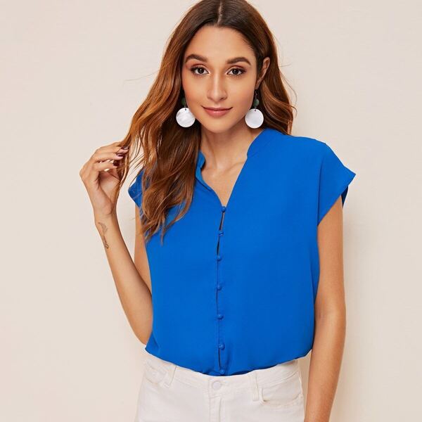 

V-cut Neck Button Up Top, Blue bright