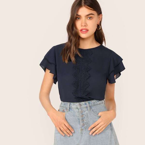 

Lace Applique Layered Butterfly Sleeve Top