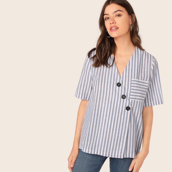 

Buttoned Pocket Patched Striped Shirt, Blue