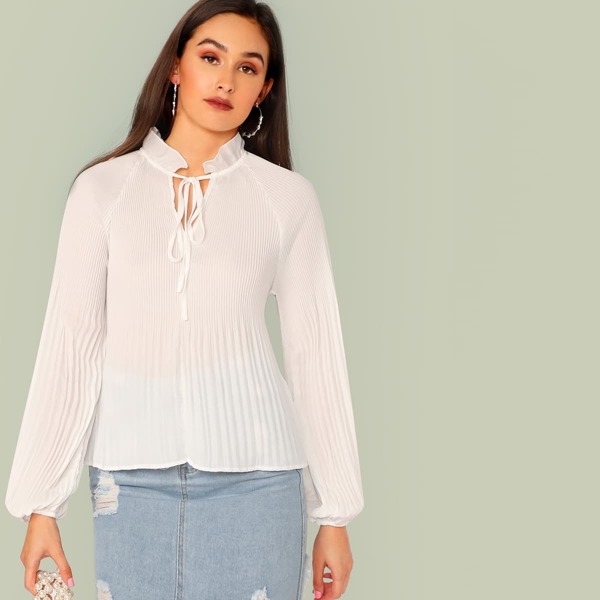 

Tie Neck Raglan Sleeve Pleated Top, White