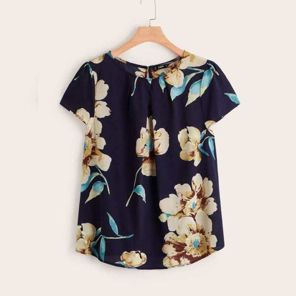 

Keyhole Back Floral Print Top, Multicolor