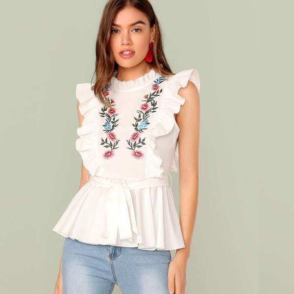 

Embroidered Floral Ruffle Trim Self Belted Peplum Top, White