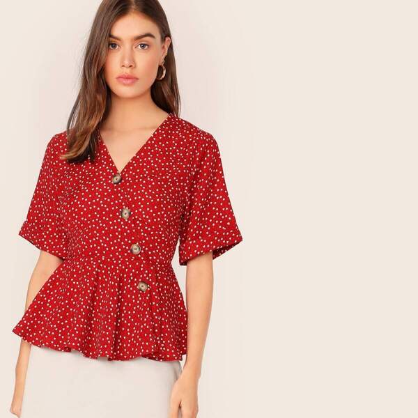

Buttoned Front Confetti Heart Print Peplum Top