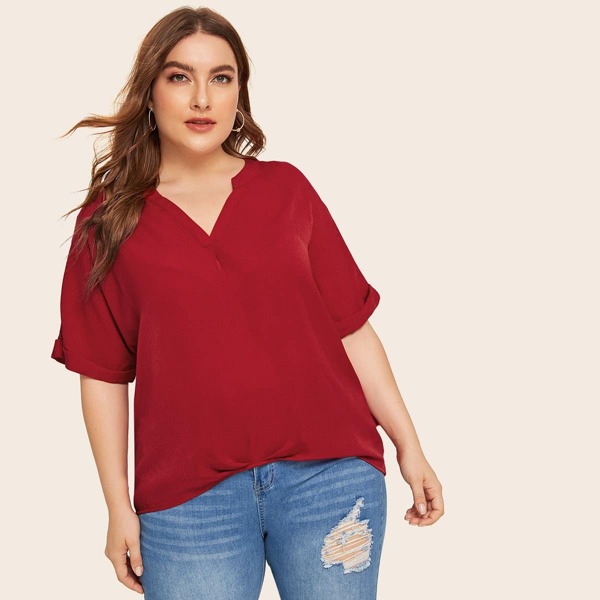 

Plus Notch Neck Rolled Cuff Top
