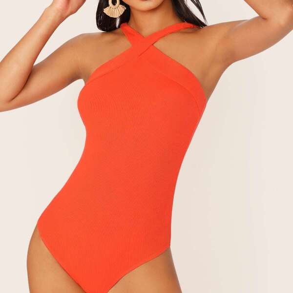 

Neon Orange Rib-knit Crisscross Halter Bodysuit, Orange bright