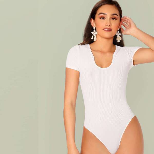 

Notch Neck Rib-knit Fitted Bodysuit