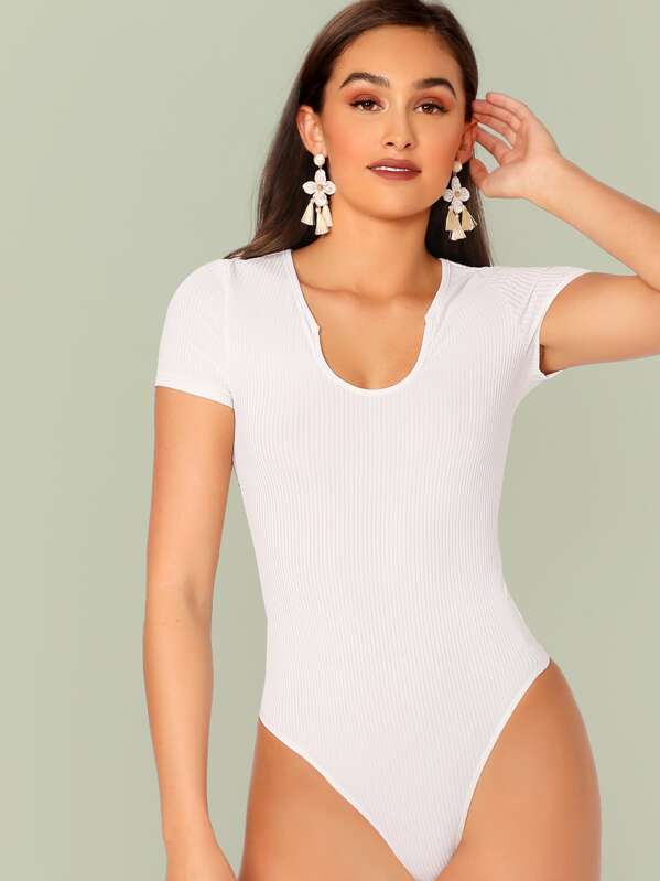 

Notch Neck Rib-knit Fitted Bodysuit, White, Sydney Sichter