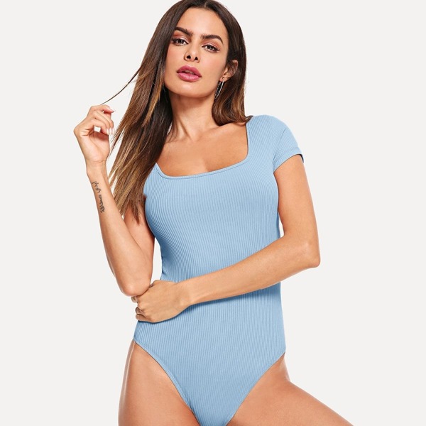 

Solid Rib-knit Fitted Bodysuit, Blue pastel