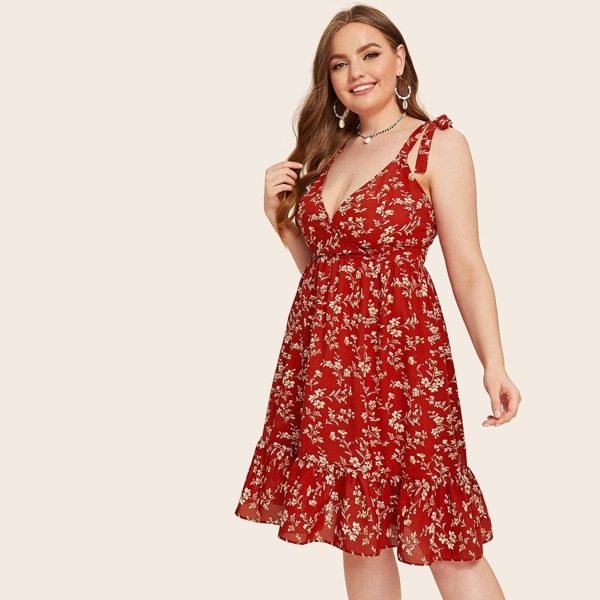 

Plus Backless Knot Shoulder Ruffle Hem Flare Dress, Red