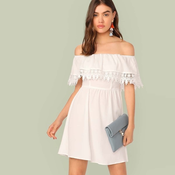 

Guipure Lace Trim Foldover Dress, White