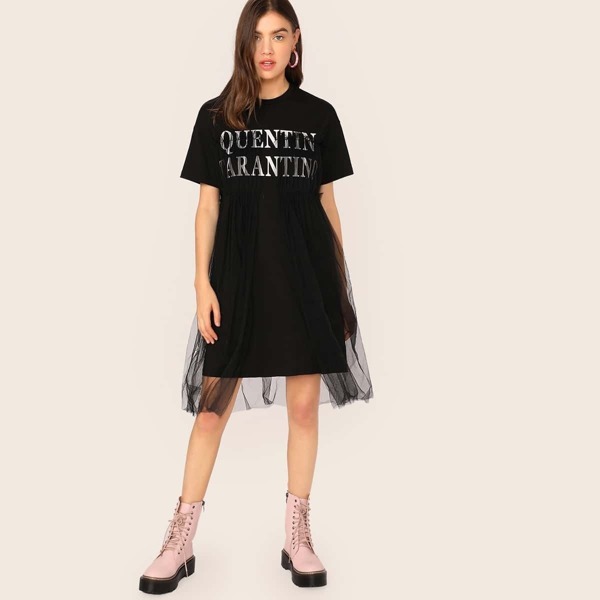 

Slogan Print Mesh Overlay Dress