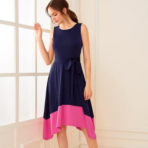 

Two Tone Belted Asymmetrical Hem Dress