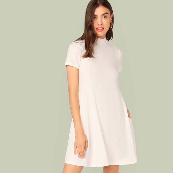

Solid Mock-Neck Slant Pocket Dress