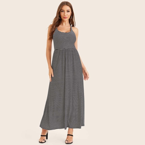 

Lace Back Insert Striped Dress, Black and white