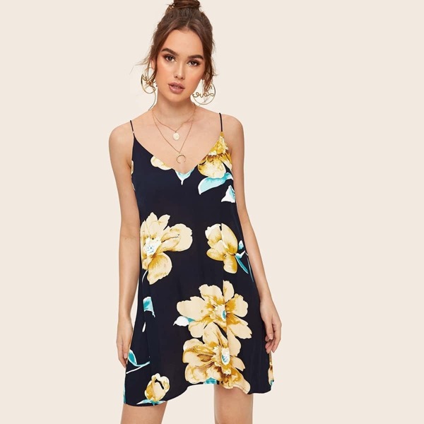 

Double V-neck Floral Print Swing Slip Dress, Navy