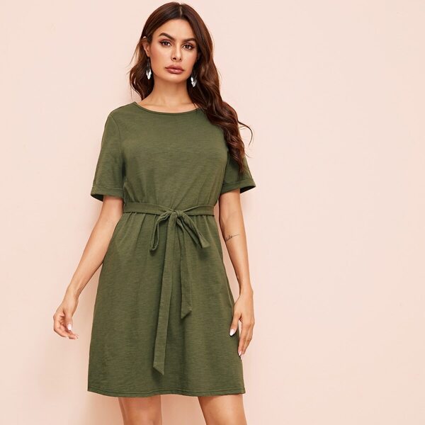 

Cuffed Belted Slant Pocket Dress