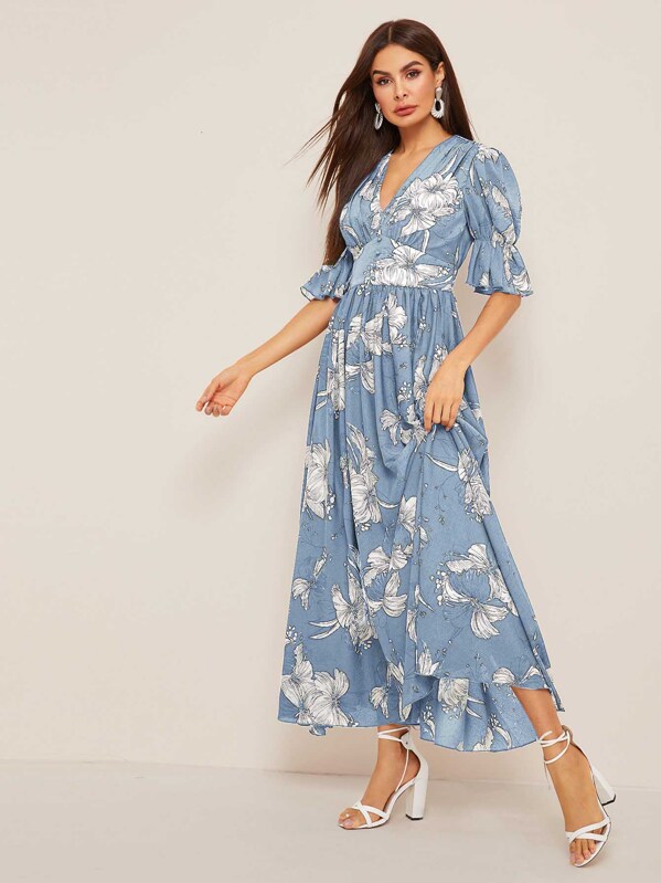 

Plunging Neck Button Front Floral Print Dress, Blue, Andy