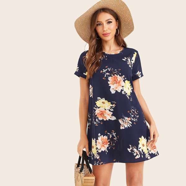 

Keyhole Back Cuffed Floral Print Dress