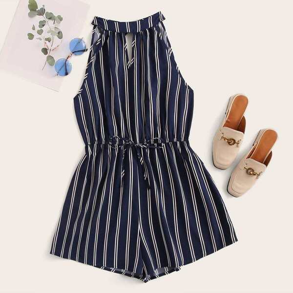 

Tie Neck Split Back Drawstring Waist Striped Romper