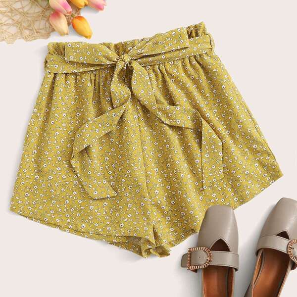 

Paperbag Waist Self Belt Ditsy Floral Shorts, Yellow