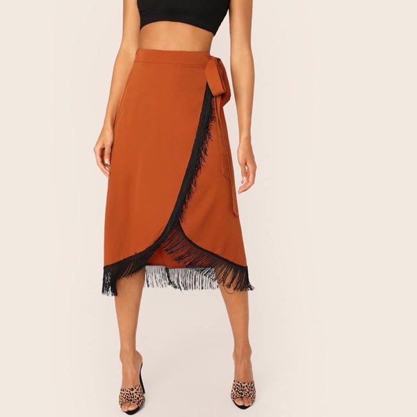 

Fringe Trim Tie Waist Wrap Skirt, Orange