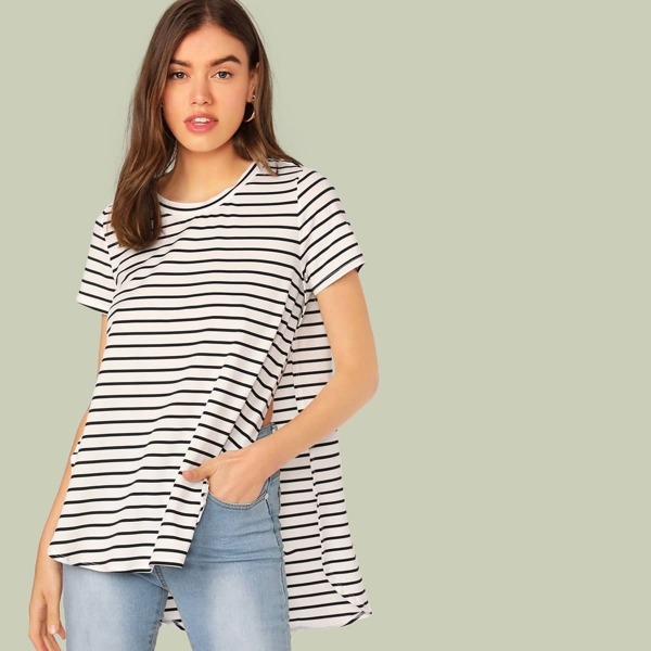 Split Side Curved Hem Striped Top