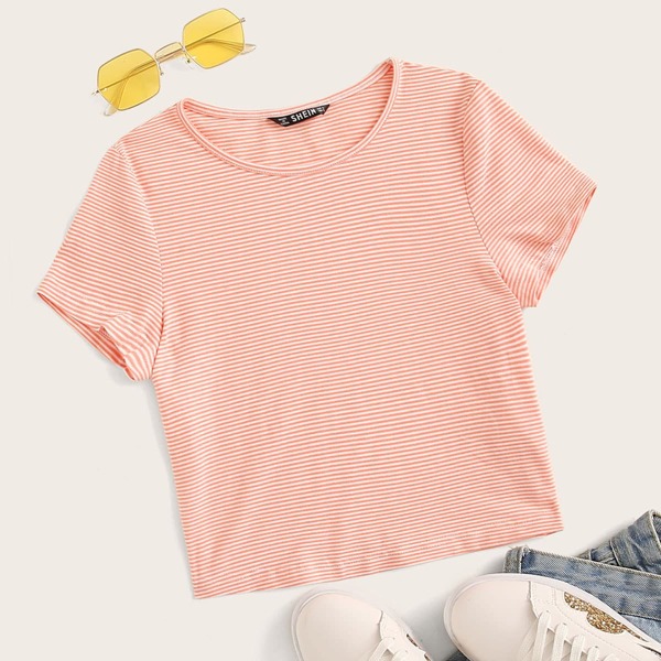 

Pinstriped Short Sleeve Cropped Tee, Pink