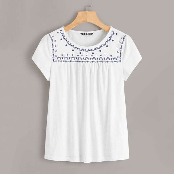 

Embroidered Yoke Pleated Top