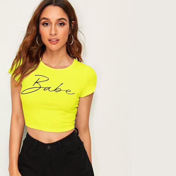 

Neon Yellow Letter Graphic Rib-knit Crop Top