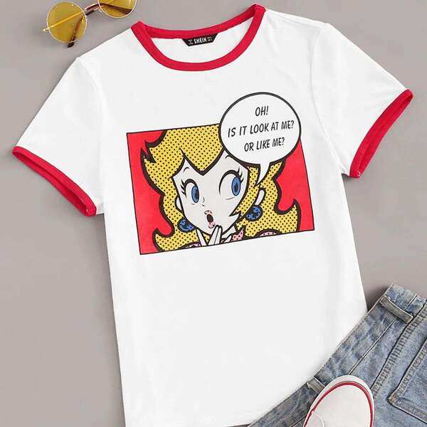 

Plus Figure & Slogan Print Ringer Tee, White