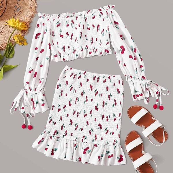 

Off Shoulder Tie Cuff Shirred Cherry Top & Skirt Set