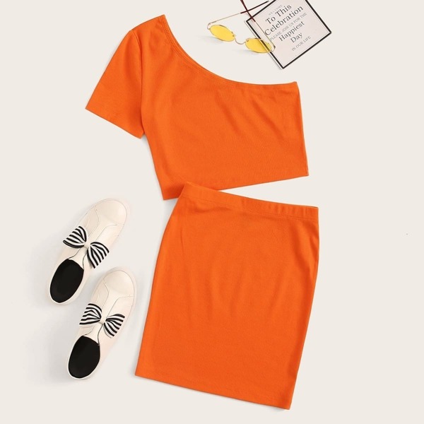 

Neon Orange One Shoulder Ribbed Crop Top & Bodycon Skirt Set