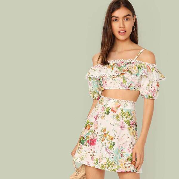 

Cold Shoulder Lace Trim Floral Top & Skirt Set, Multicolor