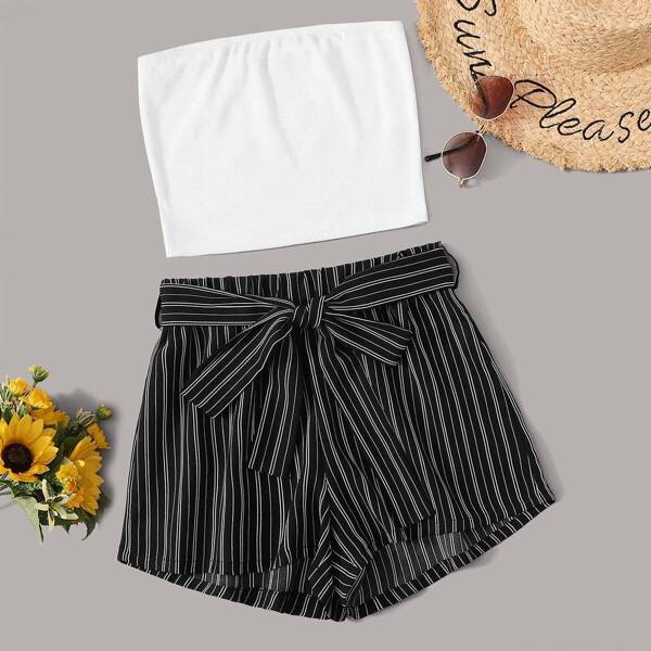 

Rib-knit Tube Crop Top & Belted Striped Shorts Set, Black and white