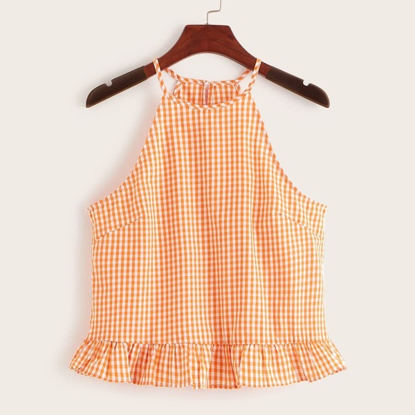 

Ruffle Trim Gingham Halter Tank Top