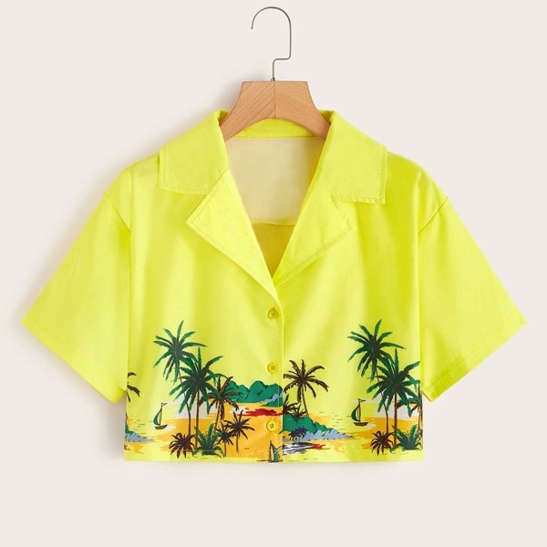 

Tropical Print Button Through Crop Blouse, Yellow