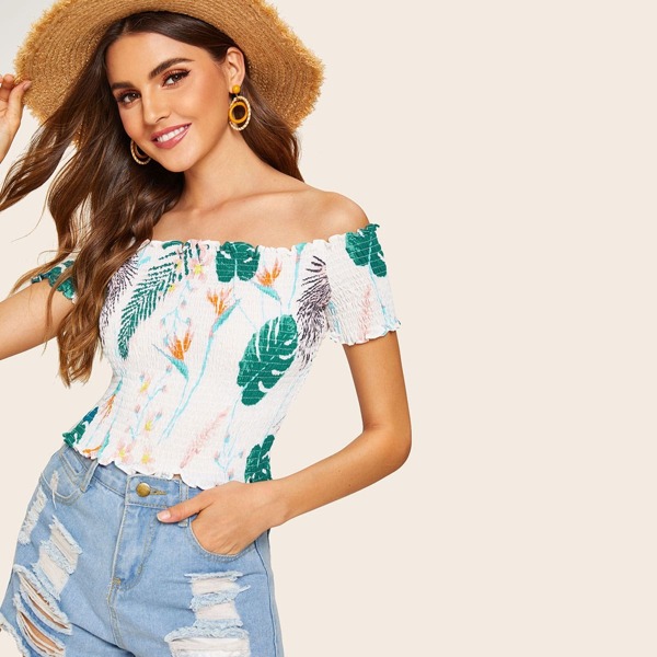 

Off Shoulder Tropical Print Shirred Blouse, Multicolor