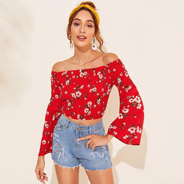 

Off Shoulder Floral Print Shirred Blouse